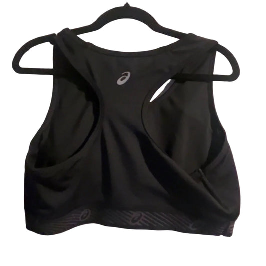 ASICS black sports bra racerback view with ASICS logo, size Large