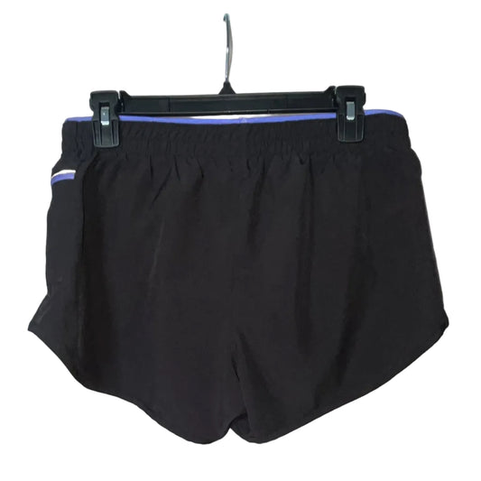 ASICS black and purple running shorts back view showing purple waistband lining, size Small