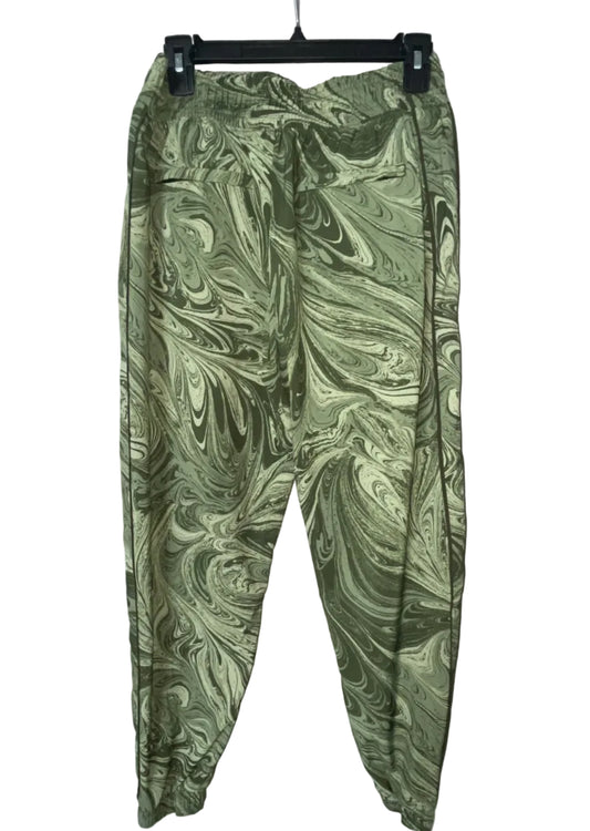 Athleta green marble swirl print jogger pants back view with drawstring waist, size 6