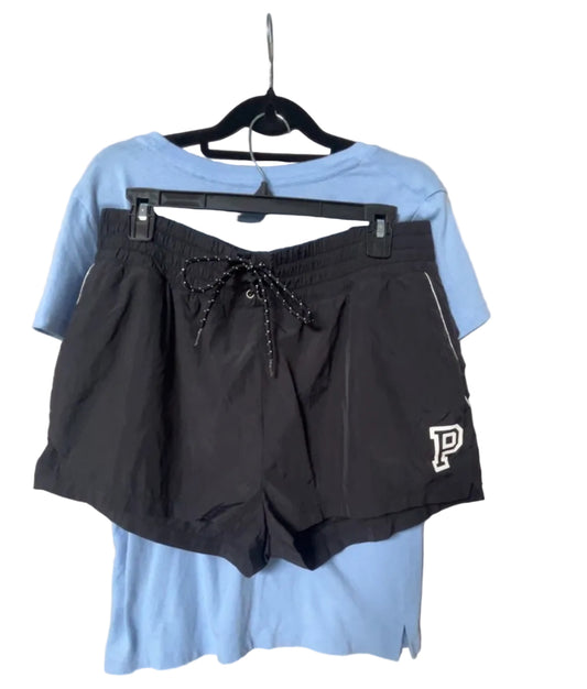 PINK by Victoria's Secret black shorts with P logo and drawstring waist, size Large, styled with blue tee