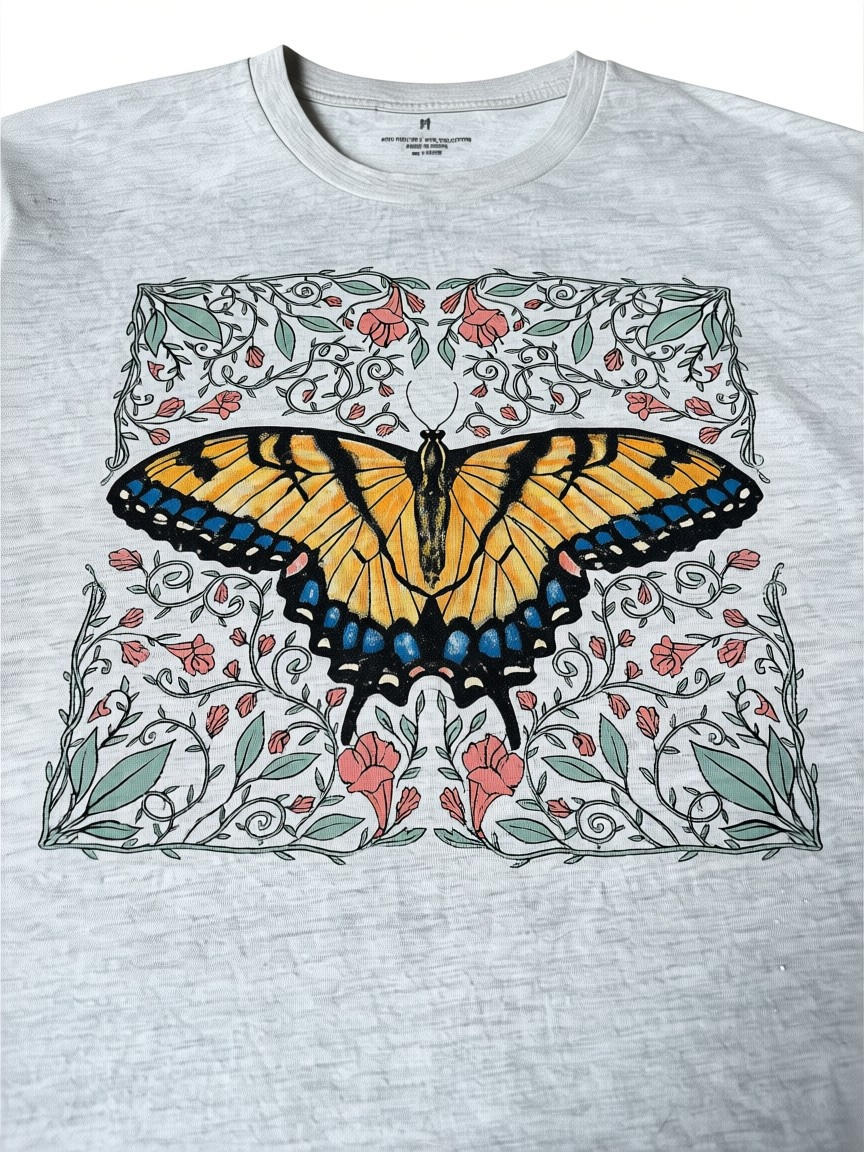 Swallowtail Butterfly Botanical Graphic Tee – Heather Grey – Size M