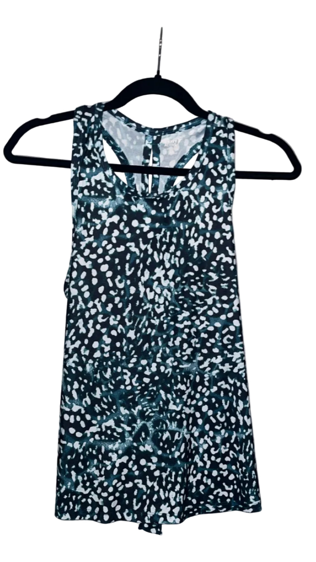 Old Navy Active racerback tank green black white spotted print front view