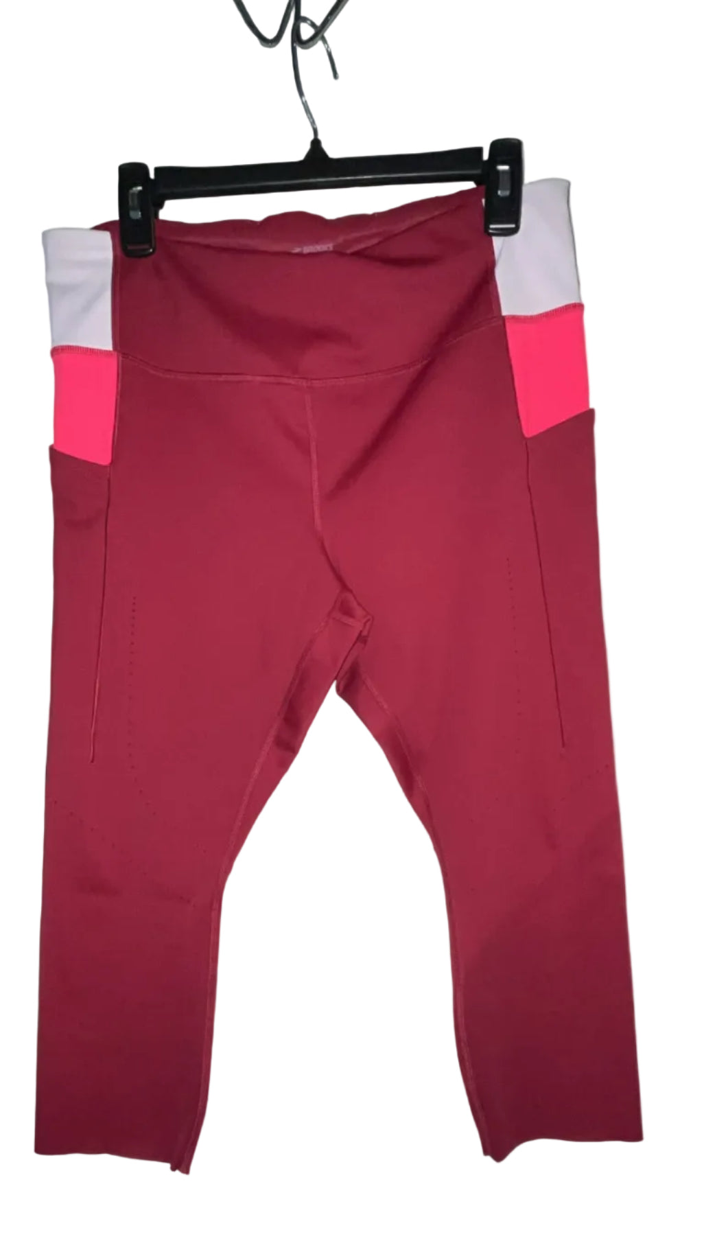 Brooks Run Happy Capris in burgundy with pink colorblock, front view, size XL