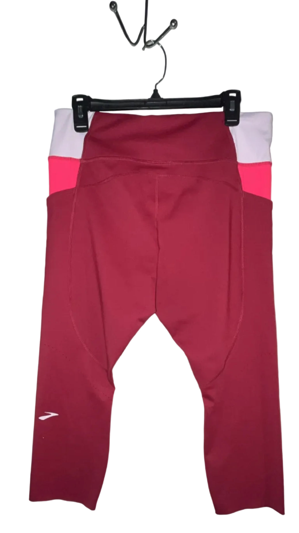 Brooks Run Happy Capris in burgundy with pink colorblock, back view, size XL