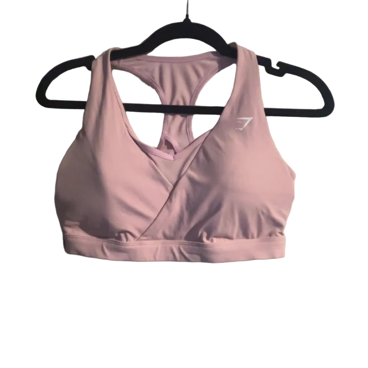 Gymshark pink wrap front sports bra, front view, size Medium
