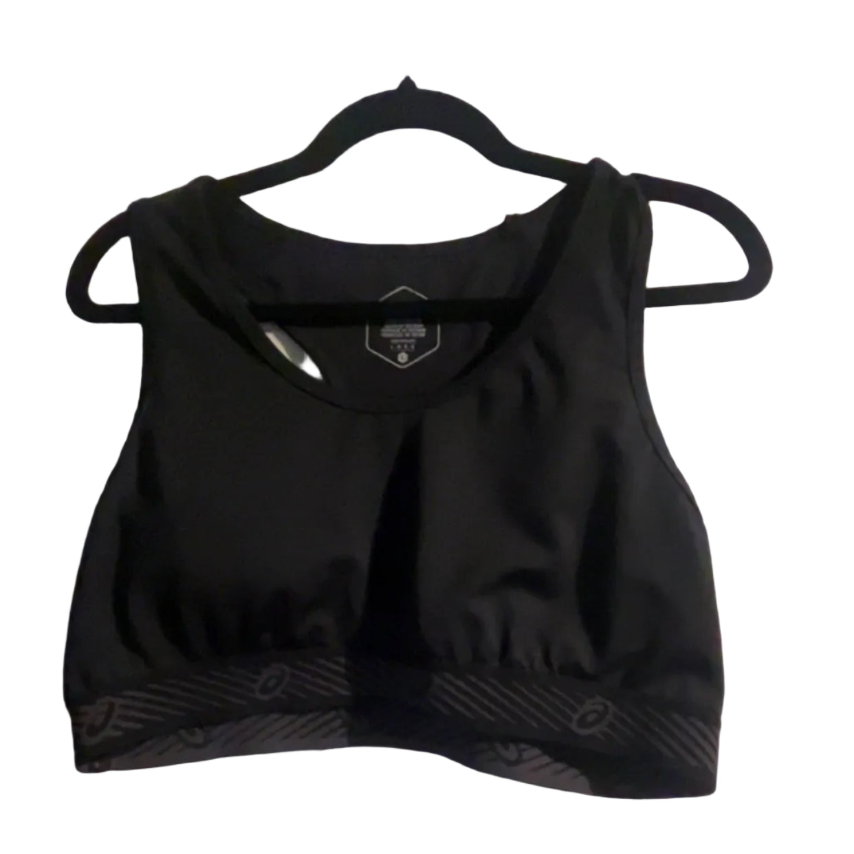 ASICS black sports bra front view with textured band, size Large