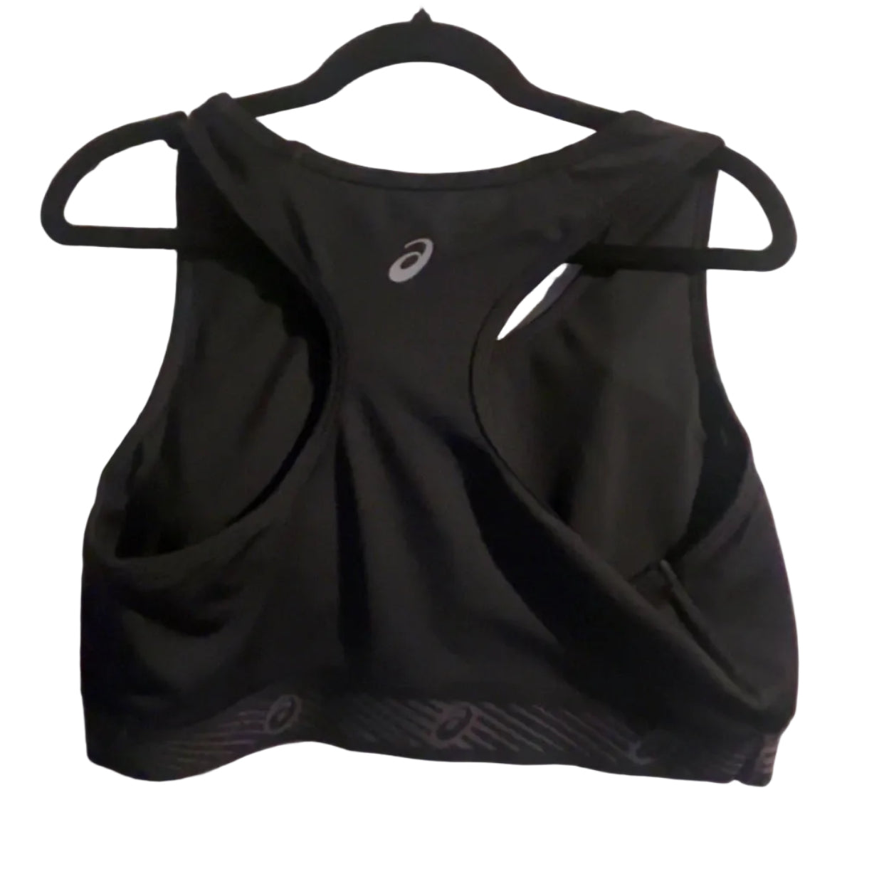 ASICS black sports bra racerback view with ASICS logo, size Large