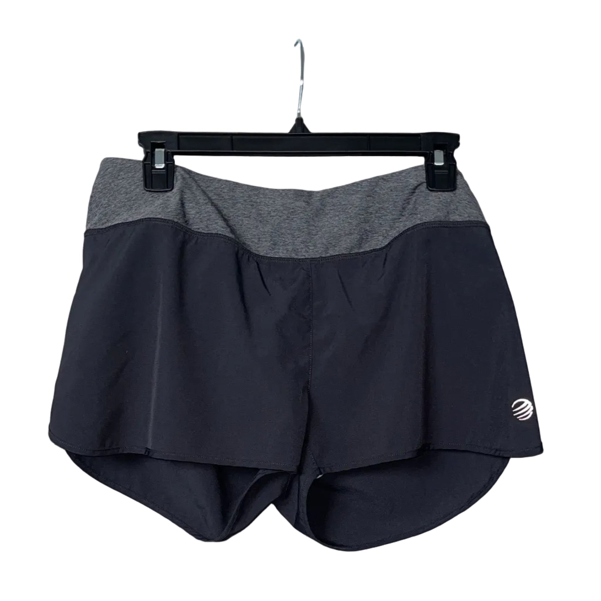 MPG navy and grey running shorts front view with MPG logo, size Medium
