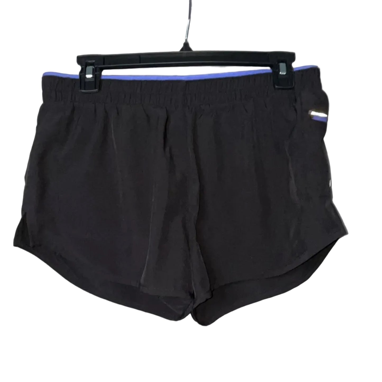 ASICS black and purple running shorts front view with side pocket, size Small