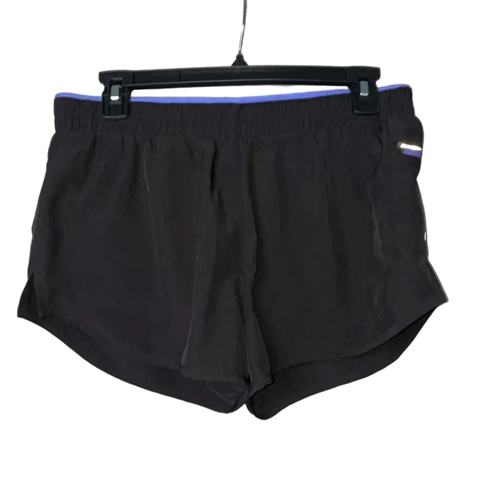 ASICS black and purple running shorts front view with side pocket, size Small