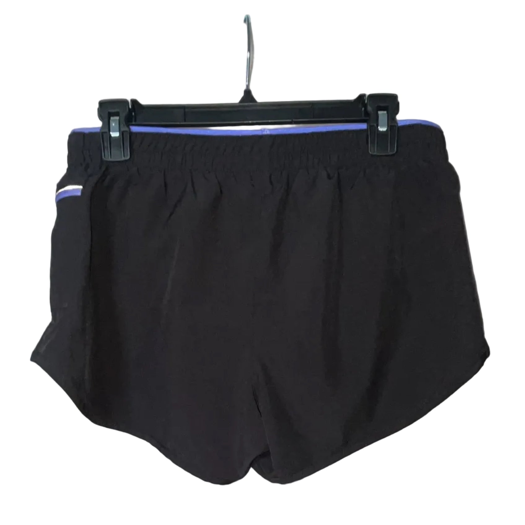 ASICS black and purple running shorts back view showing purple waistband lining, size Small