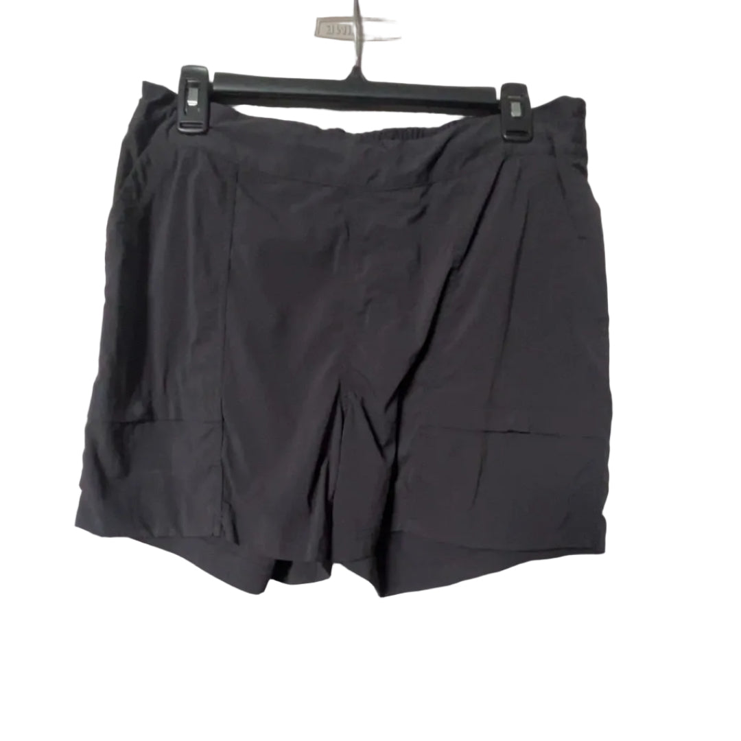 REI charcoal hiking shorts front view with front and lower snap pockets, size Medium