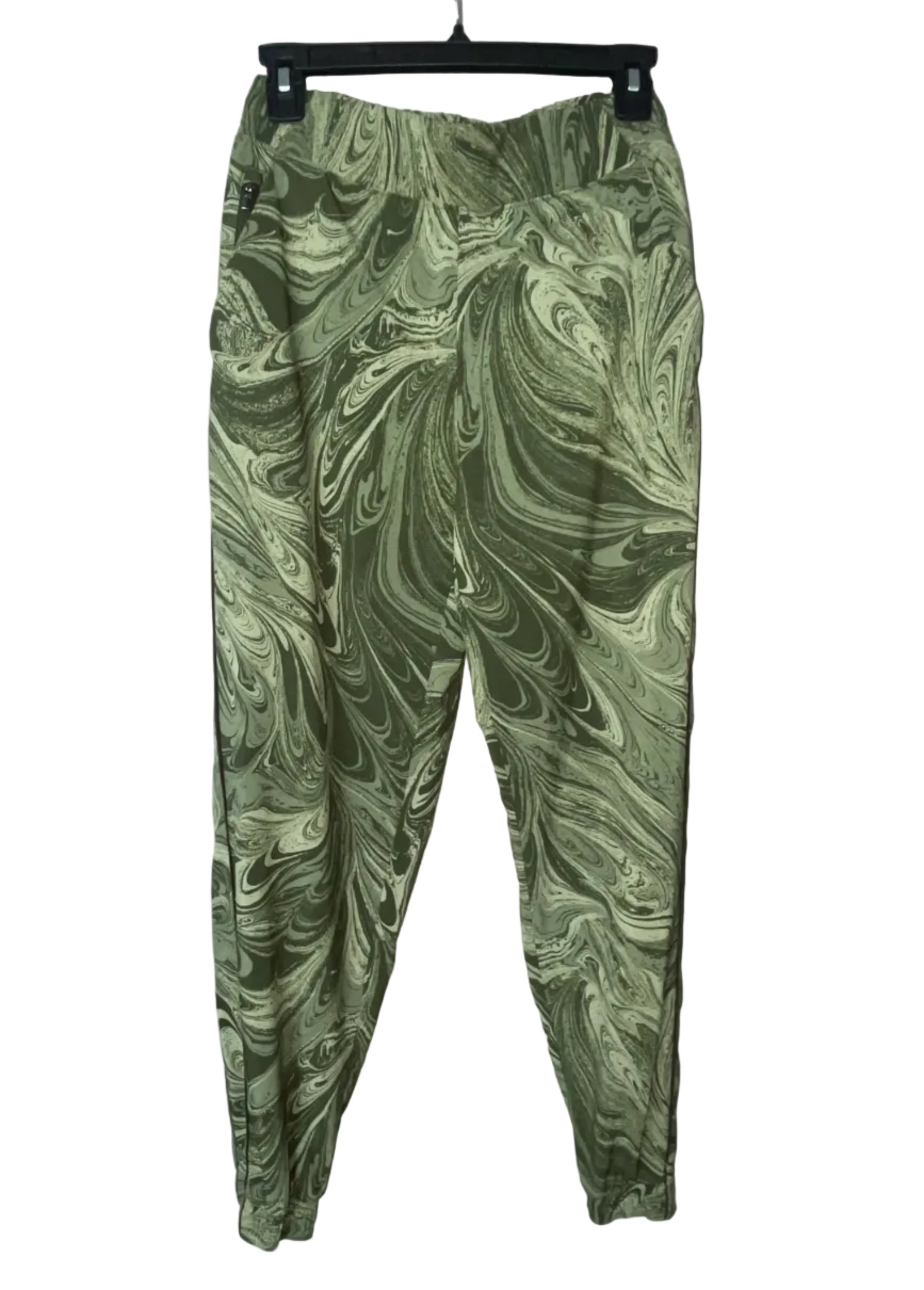 Athleta green marble swirl print jogger pants front view with side zipper pocket, size 6
