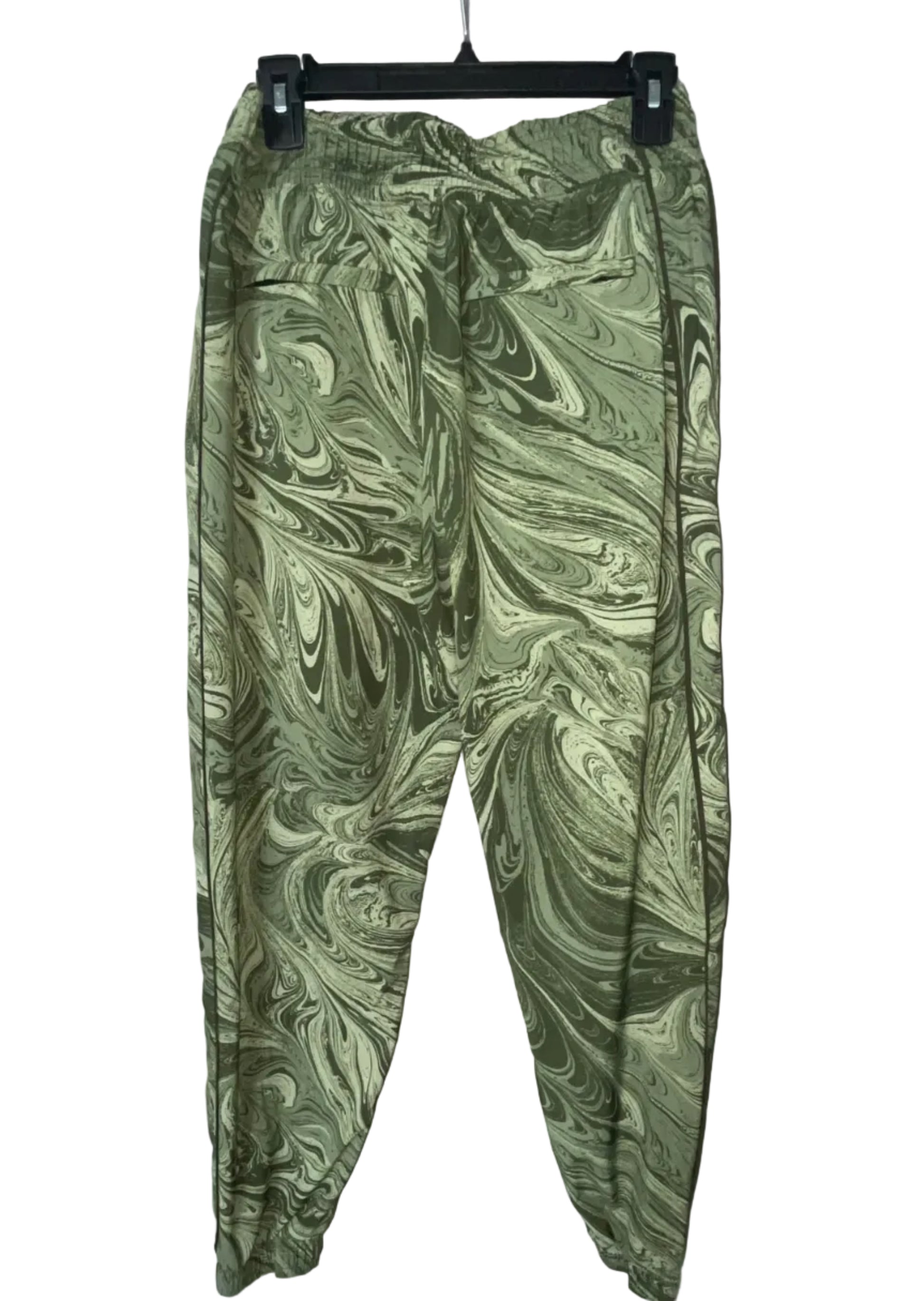 Athleta green marble swirl print jogger pants back view with drawstring waist, size 6