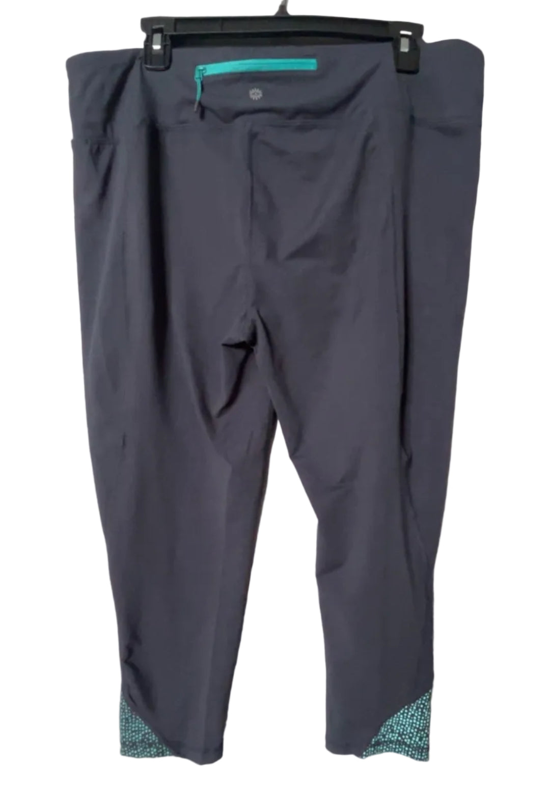 Grey and turquoise capri leggings back view showing zipper pocket and teal waistband, size 2X