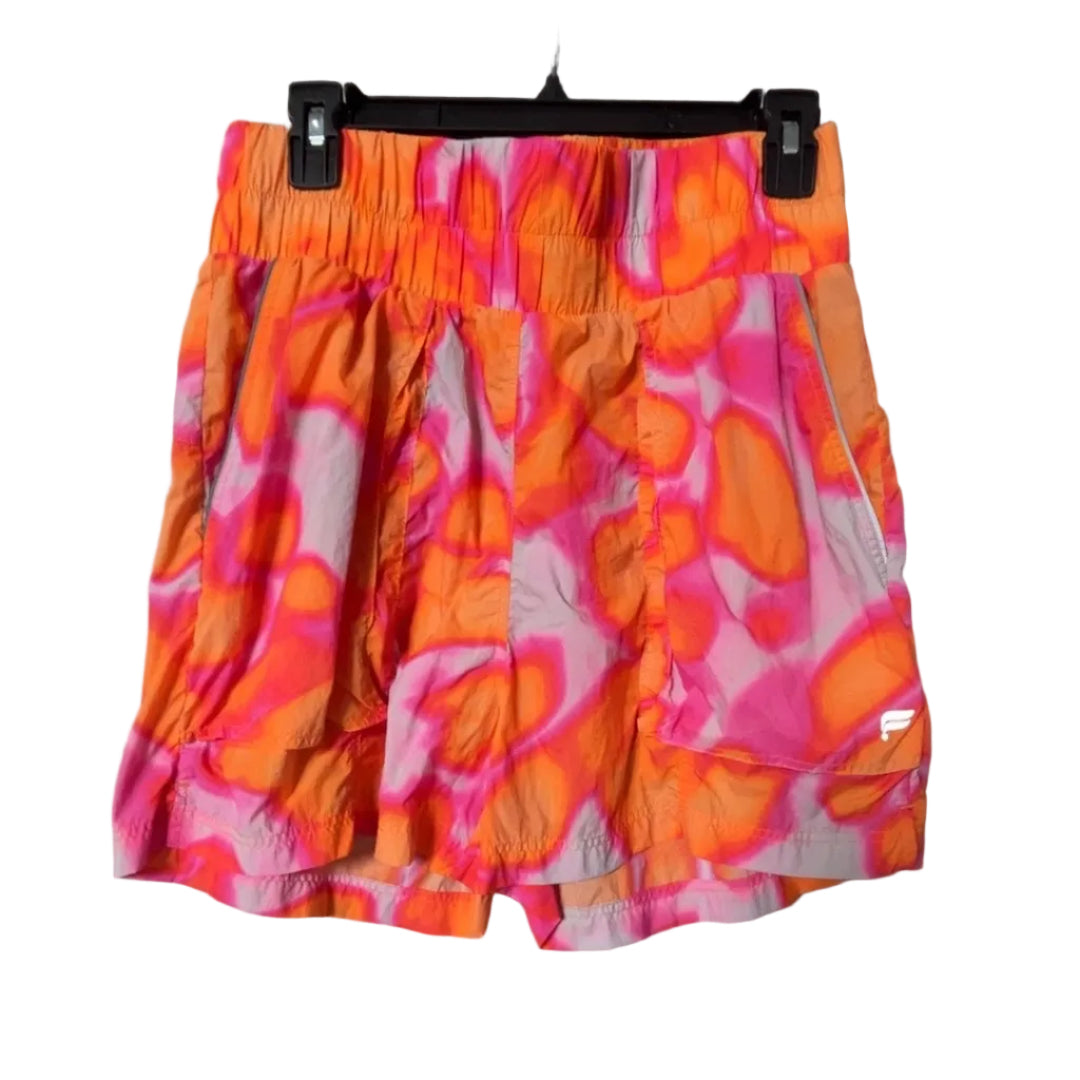 Fabletics orange pink swirl print running shorts front view with built-in liner, size Medium