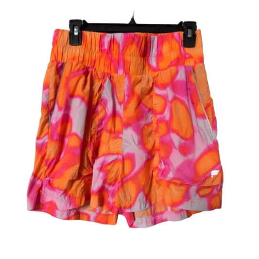 Fabletics orange pink swirl print running shorts front view with built-in liner, size Medium