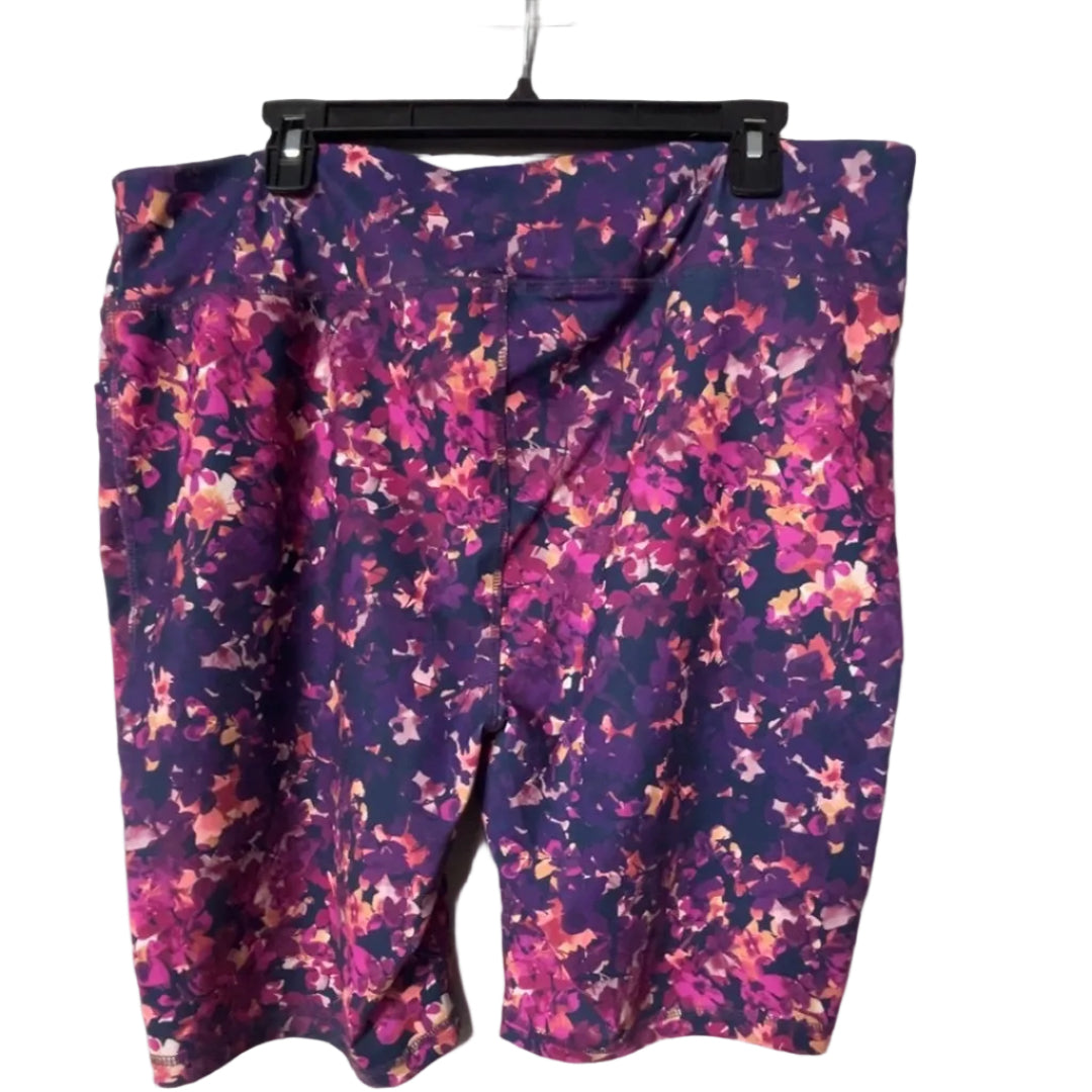 Live Well purple pink floral biker shorts back view, size 18/20
