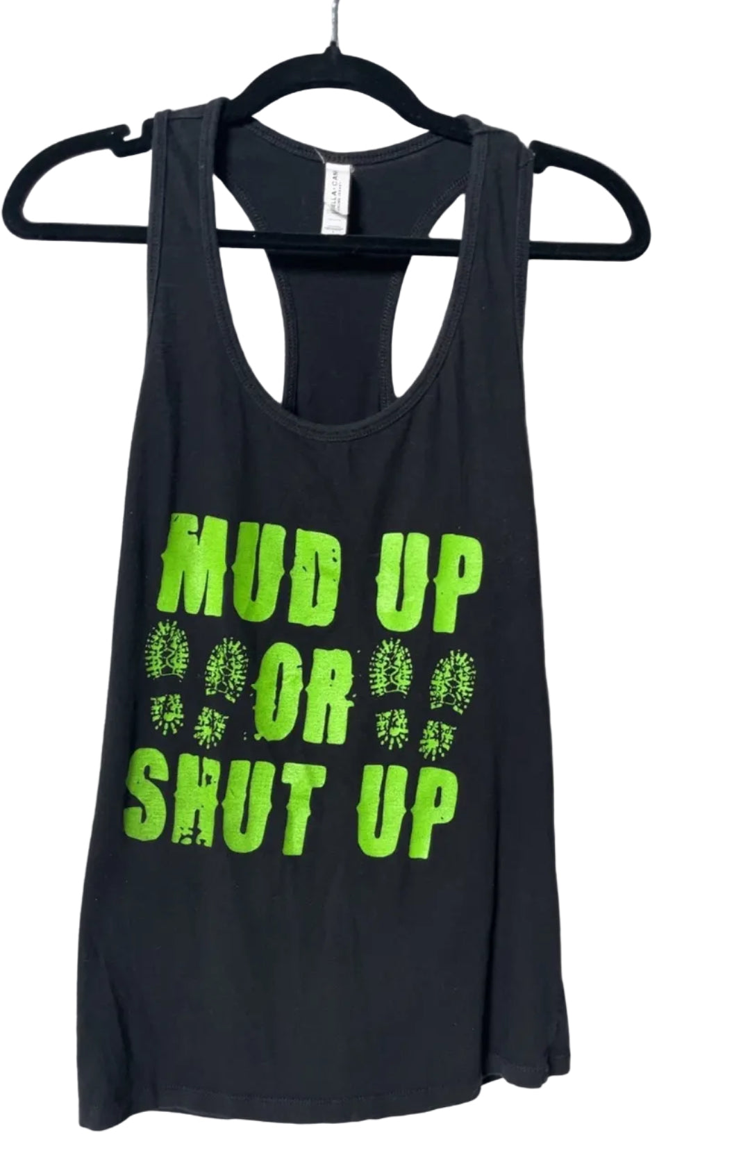 Charcoal racerback tank top with neon green Mud Up or Shut Up graphic and boot prints, size Large
