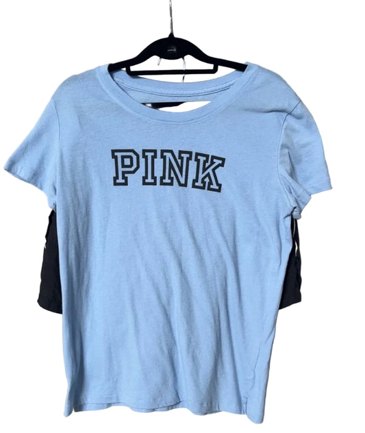 PINK by Victoria's Secret baby blue graphic tee with navy PINK lettering, size Medium