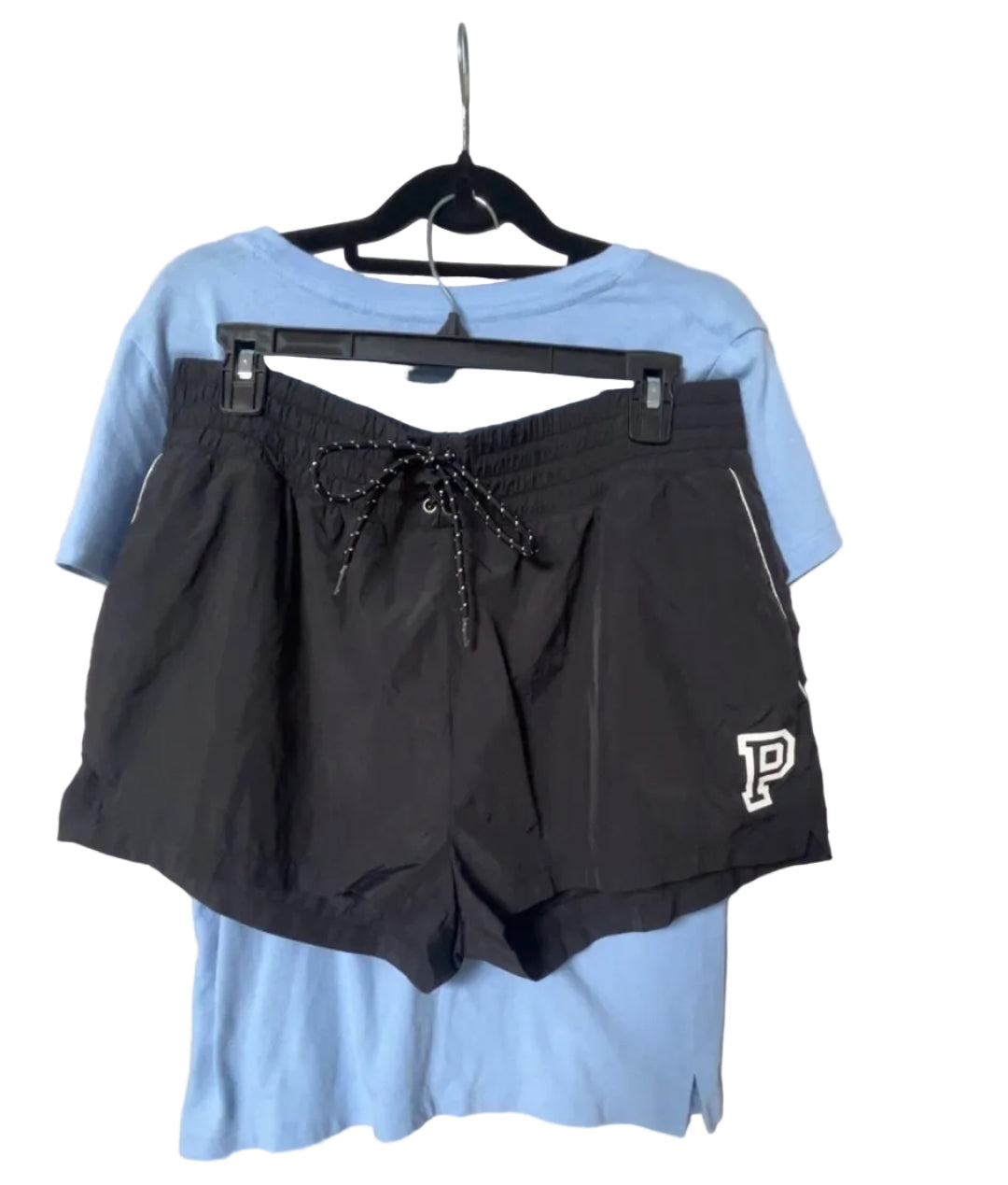 PINK by Victoria's Secret black shorts with P logo and drawstring waist, size Large, styled with blue tee
