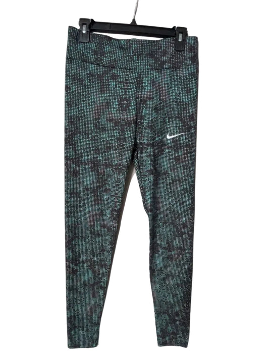 Nike iridescent teal dot print leggings front view with white swoosh, size Large