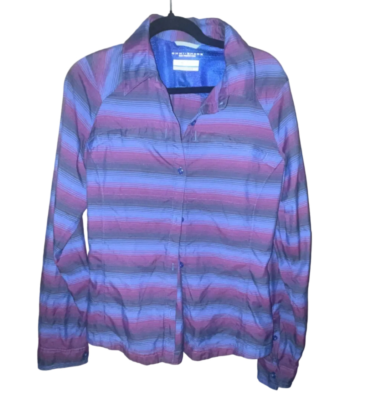 Columbia Omni-Shade long sleeve shirt front view blue purple stripe