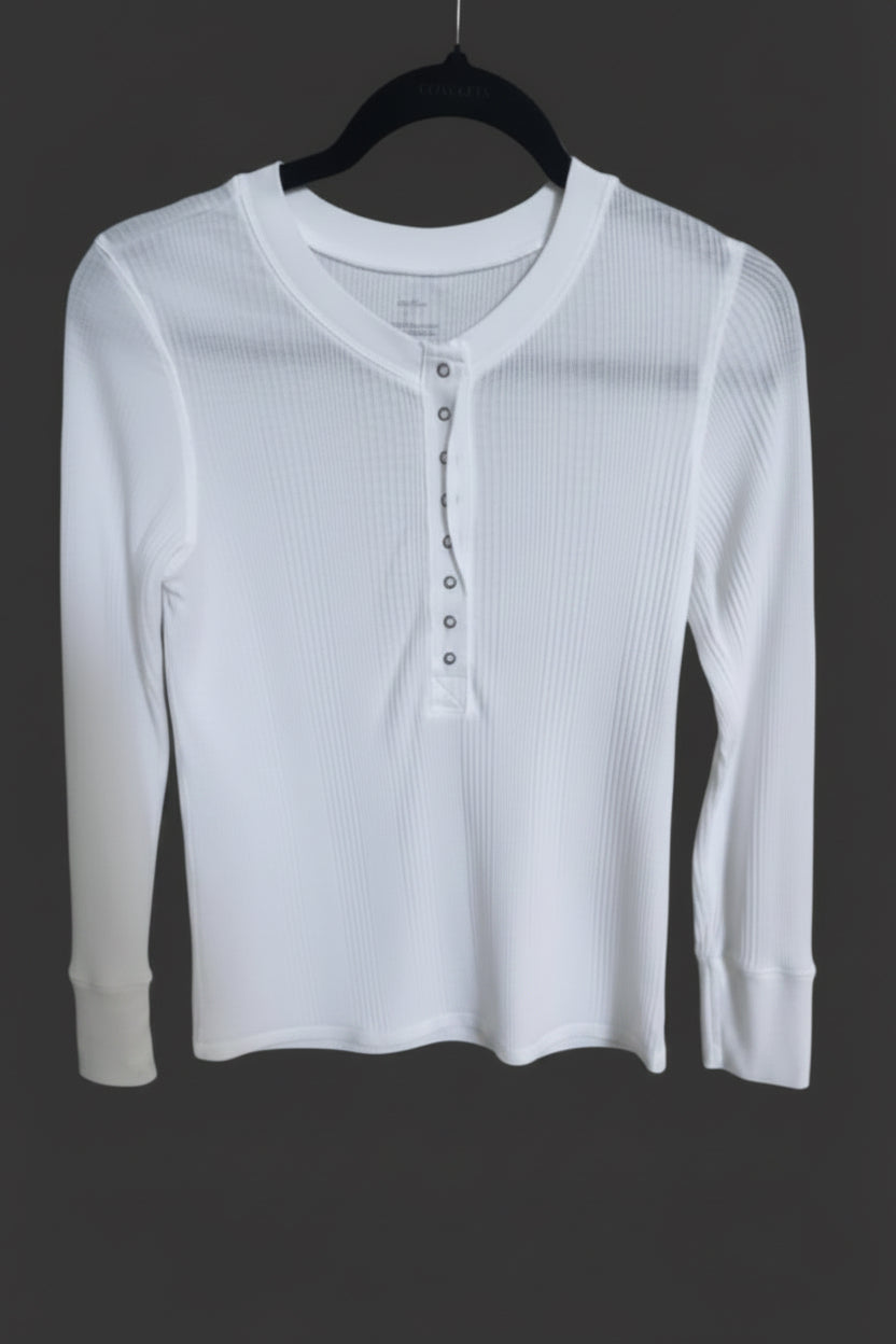 Aerie ribbed thermal henley in white - front view