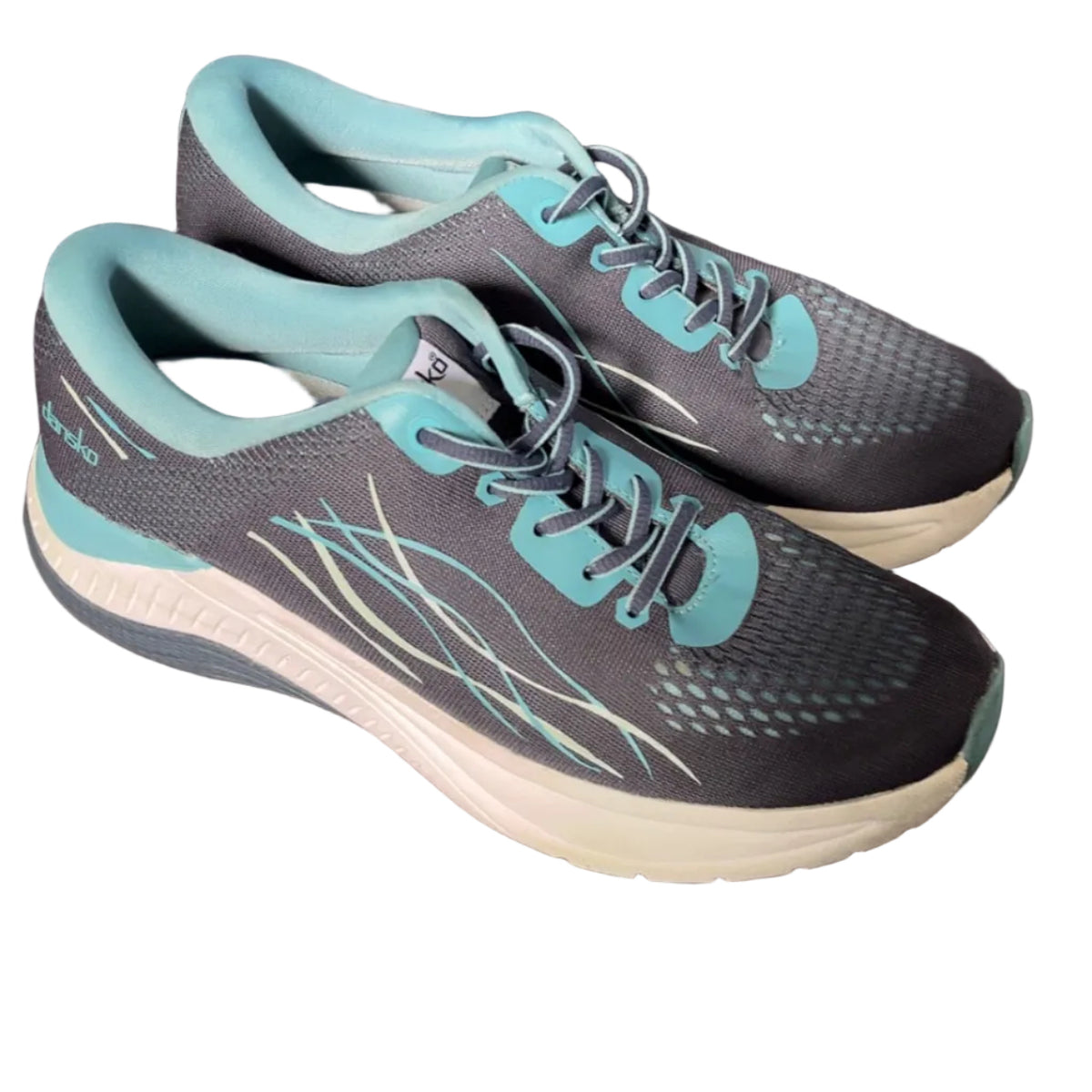 Side view of charcoal gray and teal Dansko PACE athletic walking shoes