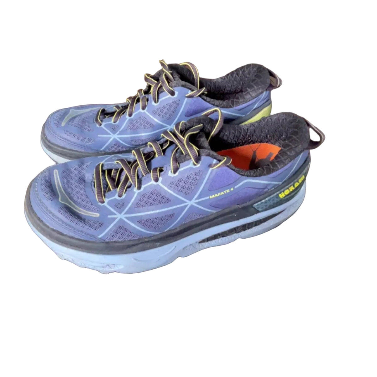 Pair of blue-purple Hoka One One trail running shoes with yellow accents, size 8