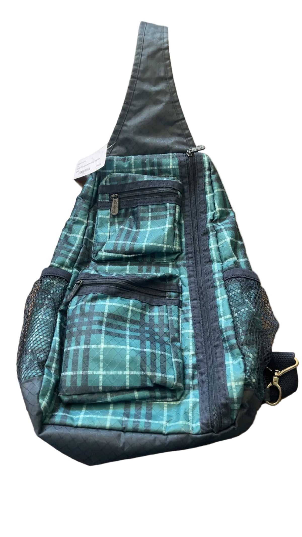 Front view of black and teal plaid Thirty-One crossover sling bag