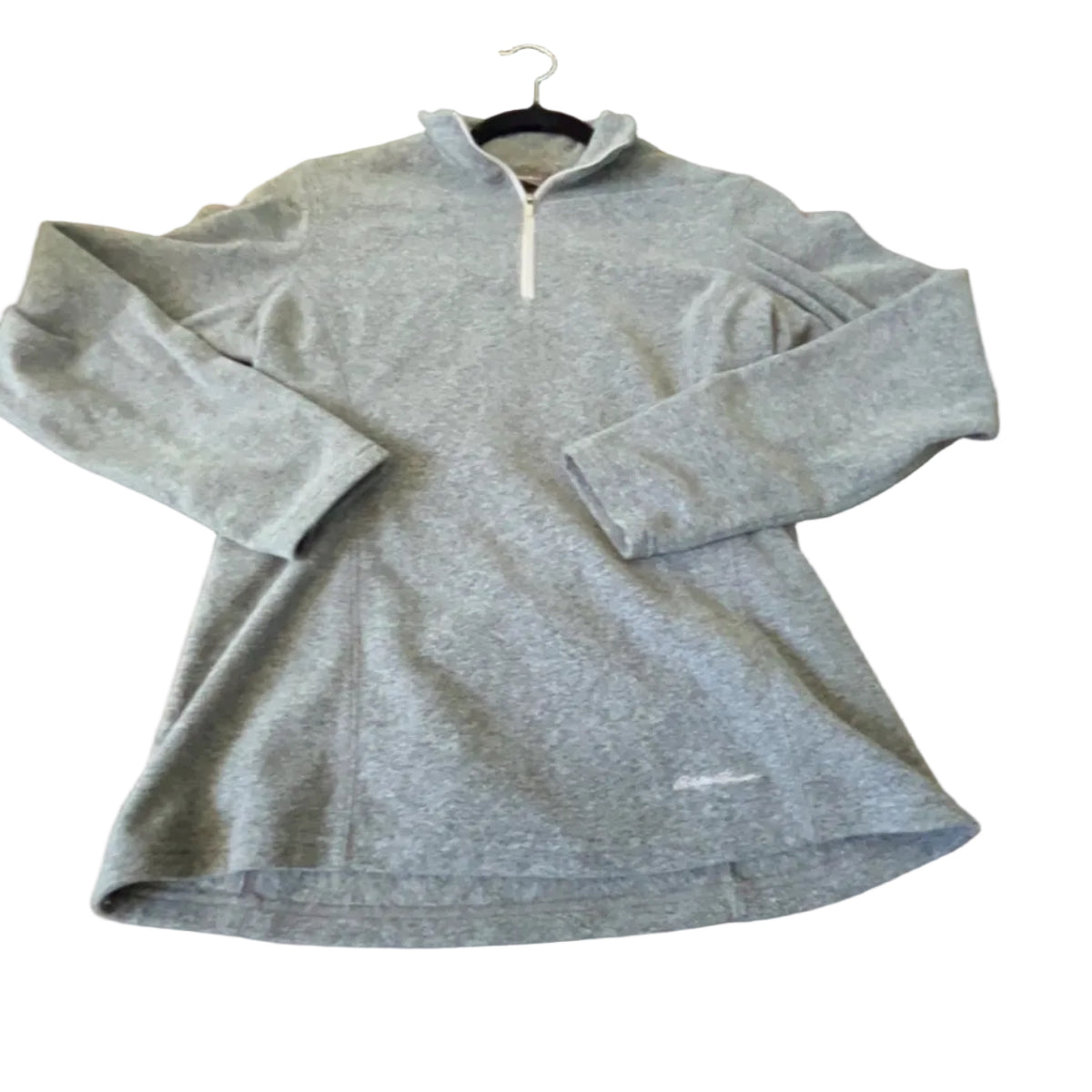 Front view of grey Eddie Bauer fleece quarter-zip pullover in women's XS