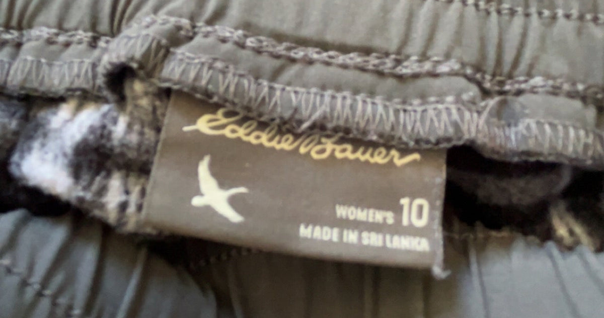 Front view of grey Eddie Bauer fleece-lined hiking cargo pants