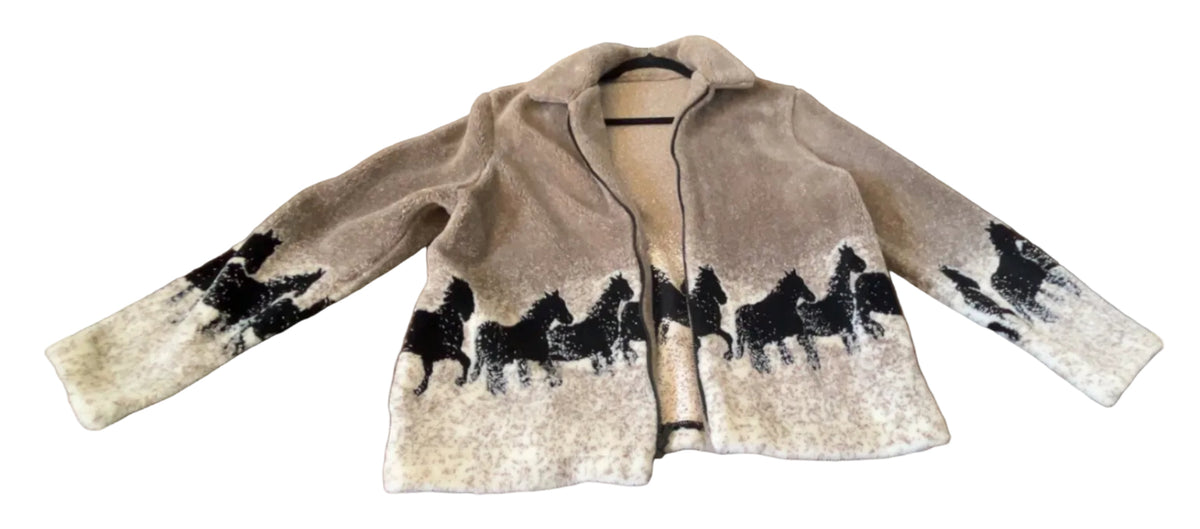 Front view of tan and cream no-brand horse print sherpa jacket, estimated M/L