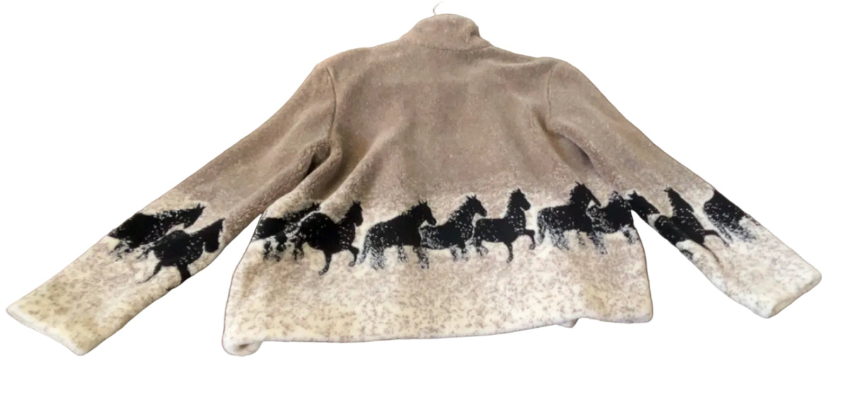 Back view of tan and cream no-brand horse print sherpa jacket