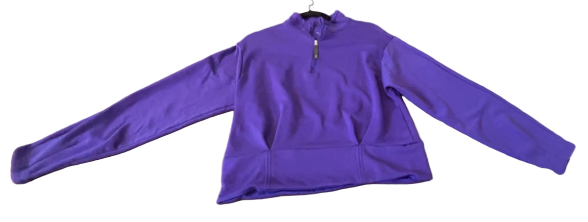 Front view of purple Athleta pullover with waist zipper pocket, size Medium