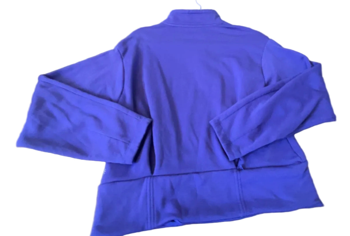 Athleta label and front zipper detail on purple pullover, size Medium