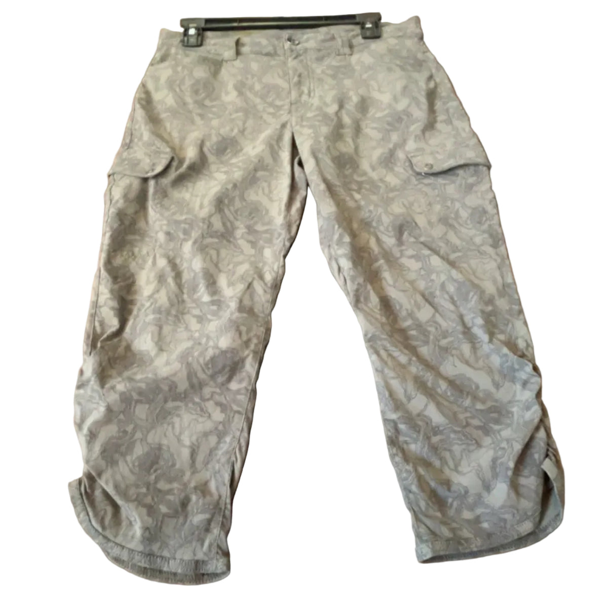 Front view of gray camouflage Browning hiking cargo capris, size 4