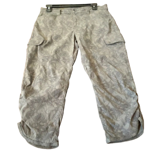 Front view of gray camouflage Browning hiking cargo capris, size 4