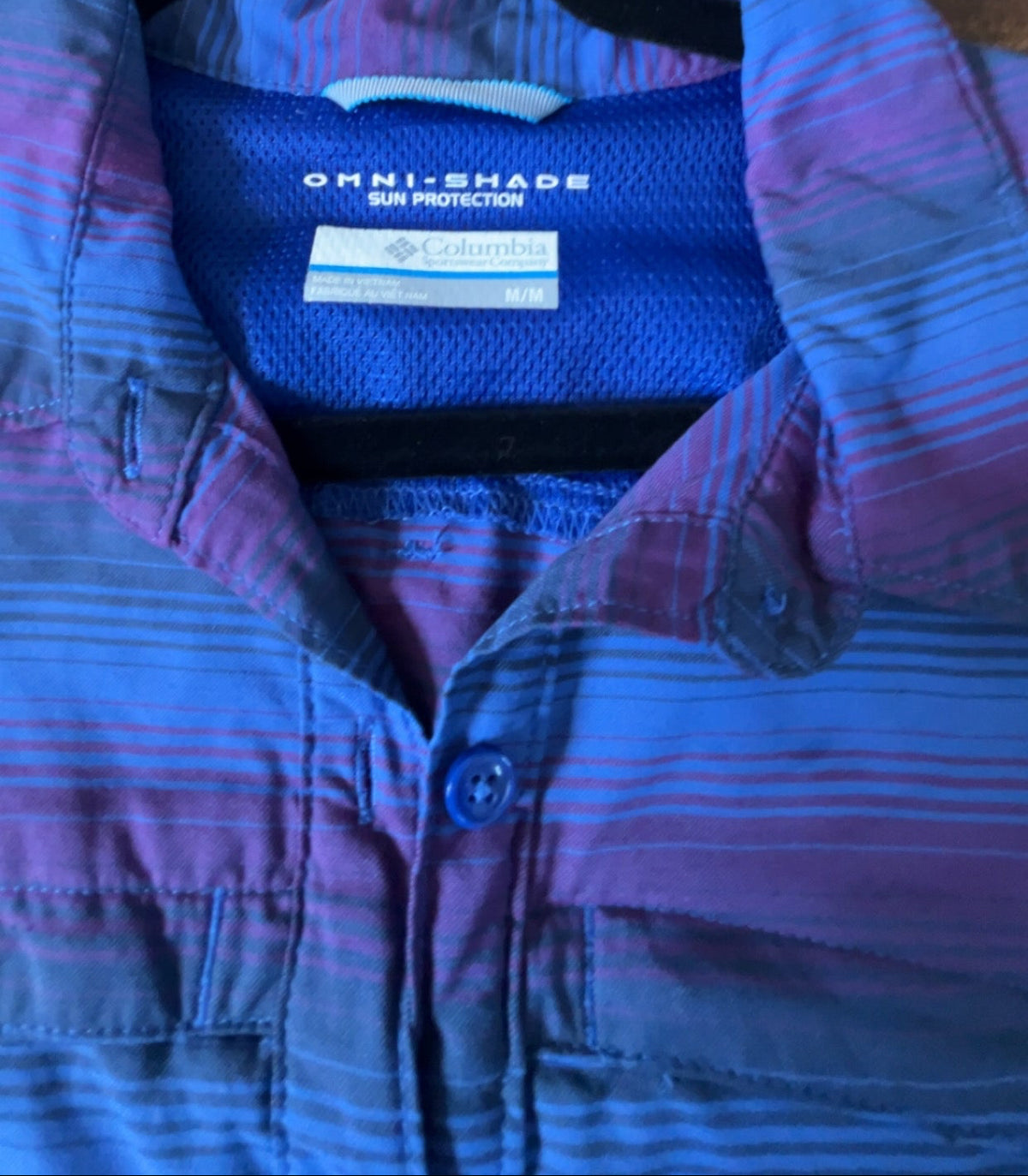 Columbia Omni-Shade Long Sleeve Shirt | Blue & Purple Stripe | Size Medium
