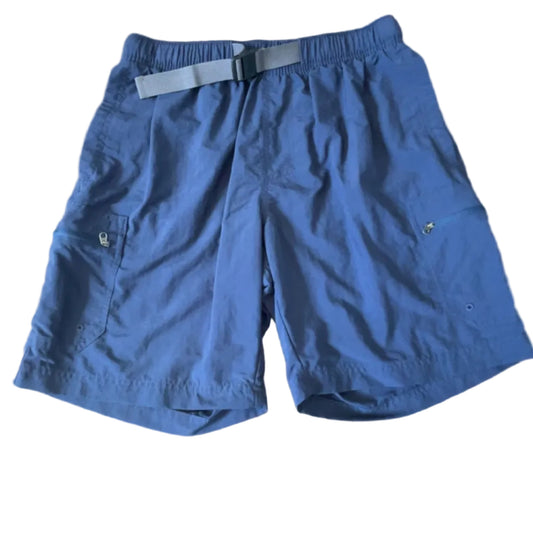 Front of navy Columbia cargo shorts with integrated belt and zip pockets