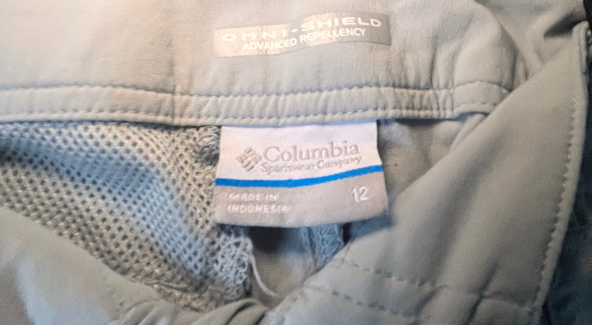 Back view of sage-green Columbia Omni-Shield shorts