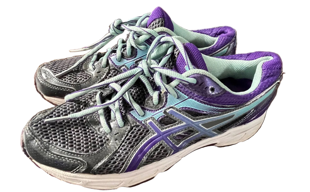Top view of black, purple, and light-blue ASICS GEL-Contend 2 shoes